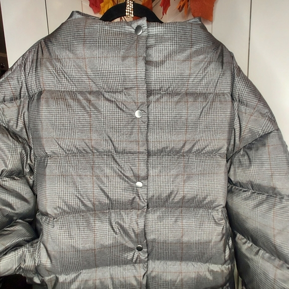 Theory High Neck Puffer Womens Jacket L Large Grey Glen Plaid Down Coat $455 - Picture 2 of 9
